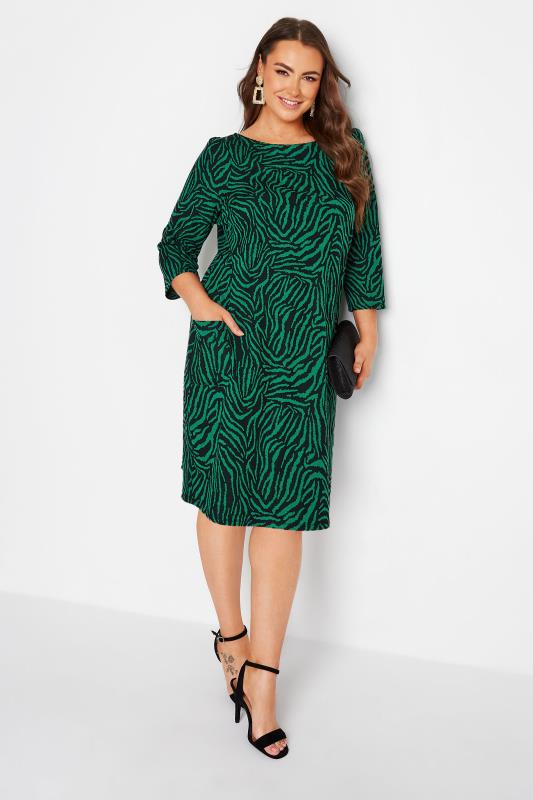  YOURS LONDON Curve Green Zebra Print Jacquard Knitted Pocket Dress