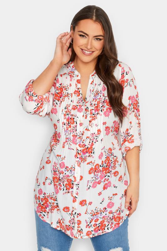 Plus Size White & Pink Floral Print Pintuck Shirt | Yours Clothing 1