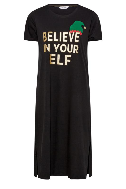 Plus Size Black 'Believe In Your Elf' Slogan Christmas Midaxi Nightdress | Yours Clothing 6