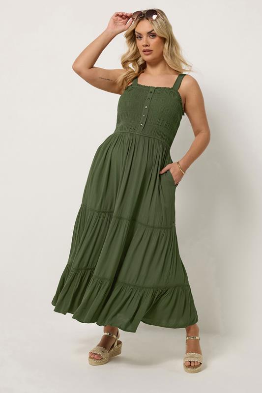  YOURS Robe smockée vert olive avec plaquette de boutonnage