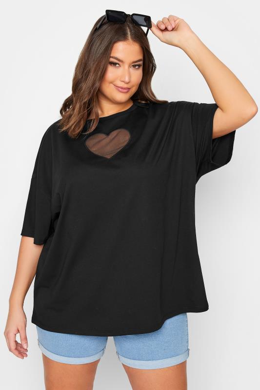 YOURS Plus Size Black Heart Cut Out T-Shirt | Yours Clothing 1