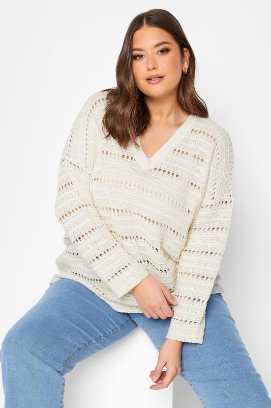 YOURS Curve Plus Size Cream Crochet V-Neck Jumper | Yours Clothing  1