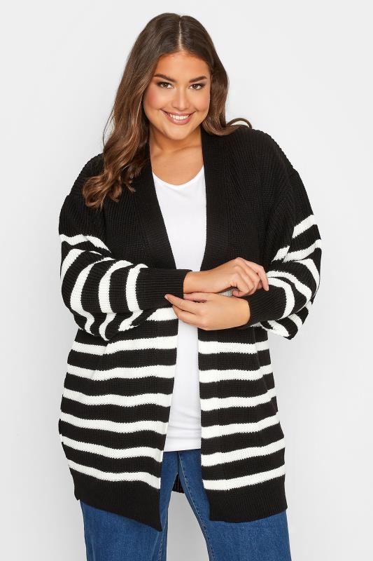 Curve Womens Plus Size Black & White Stripe Knit Balloon Sleeve Cardigan | Yours Clothing 1