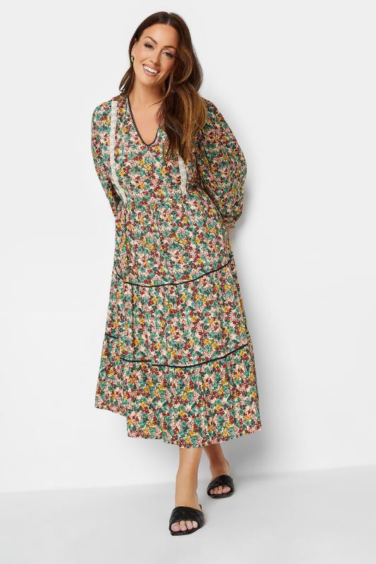 Women's  M&Co Green Floral Print Crochet Trim Maxi Dress