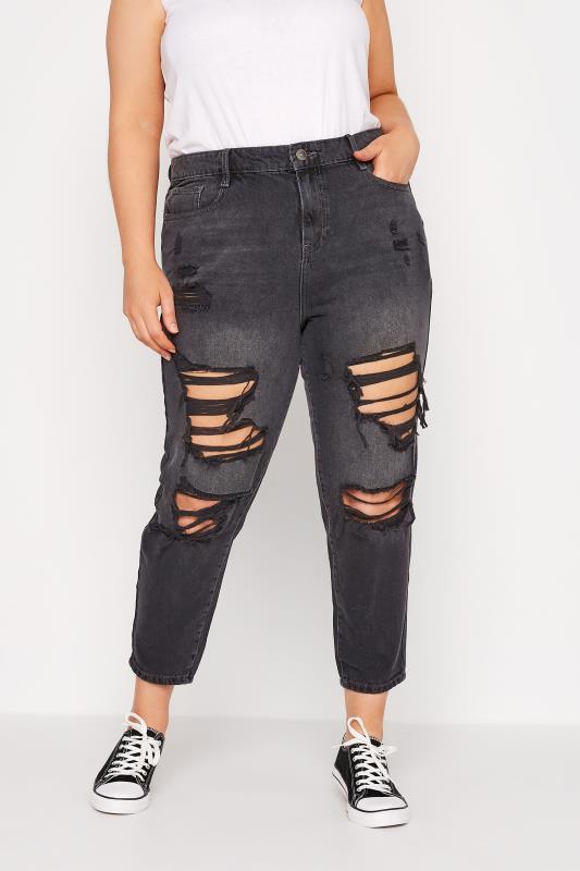 Plus Size Black Extreme Distressed MOM Jeans | Yours Clothing 1