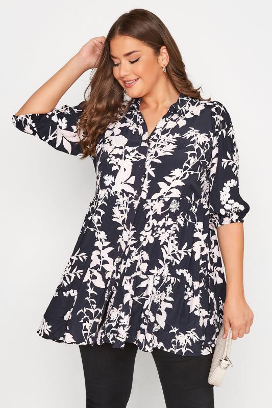 Plus Size Black Floral Print Smock Shirt | Yours Clothing 1