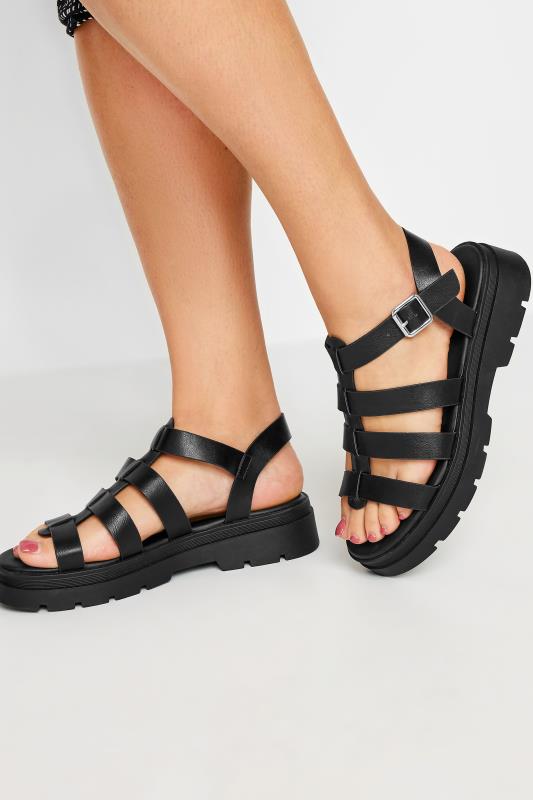 Plus Size  Black Chunky Gladiator Sandals In Wide E Fit & Extra Wide EEE Fit