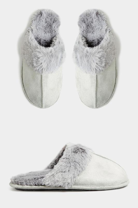 LTS Grey Fur Cuff Mule Slippers In Standard Fit | Long Tall Sally 2