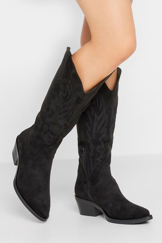  dla puszystych PixieGirl Black Faux Suede Knee High Cowboy Boots In Standard D Fit