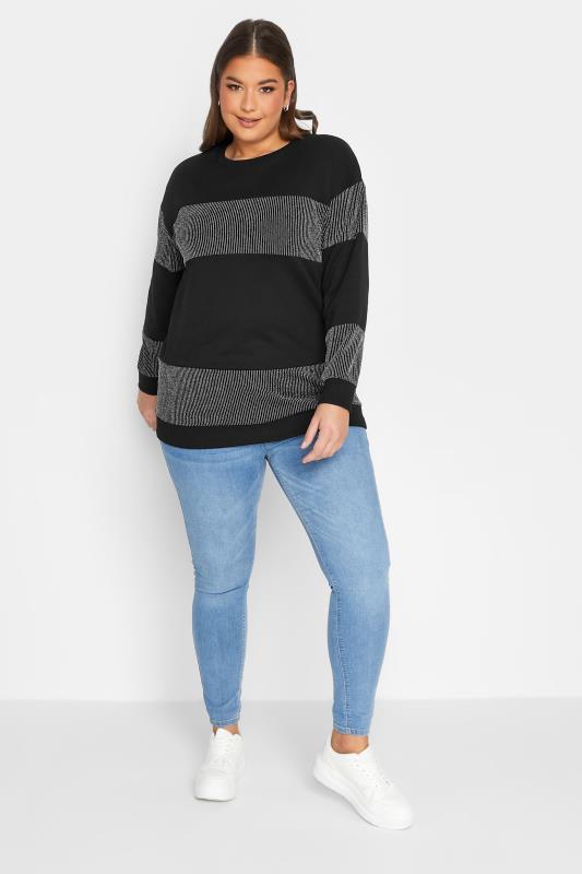 YOURS LUXURY Black & Silver Block Stripe Long Sleeve Sweatshirt | Yours Clothing 2