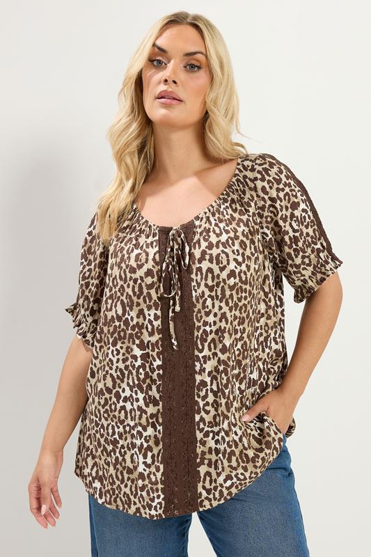  YOURS bruine gehaakte top met luipaardprint en strik aan de voorkant