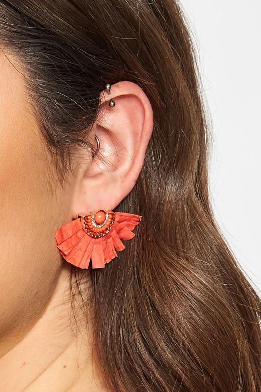 Coral Orange Raffia Fan Earrings | One Size | Yours Clothing 1