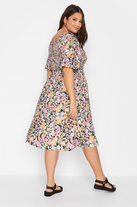 Plus Size Pink Floral Shirred Balloon Sleeve Midi Dress | Yours Clothing 3