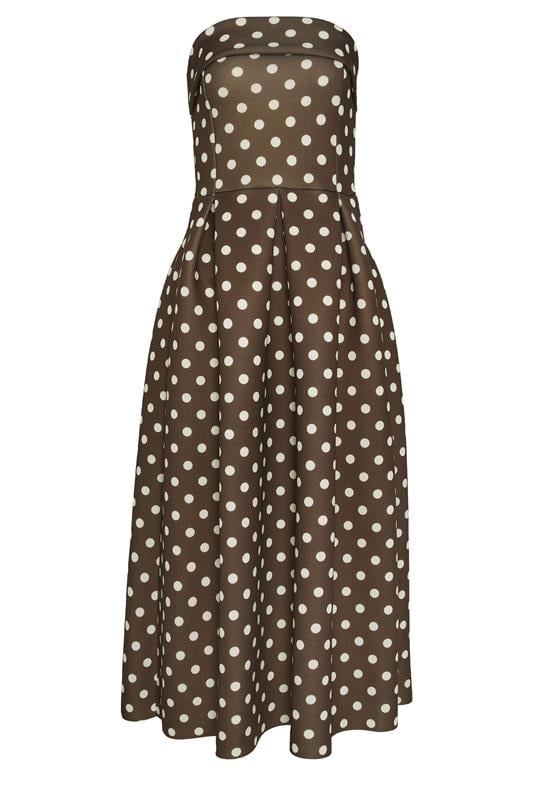 LTS Tall Women's Chocolate Brown Bandeau Polka Dot Pleated Midi Dress | Long Tall Sally 5