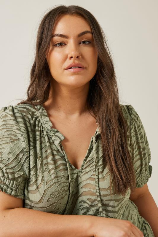 EVANS Plus Size Khaki Green Burnout Print Tie Neck Blouse | Evans 5