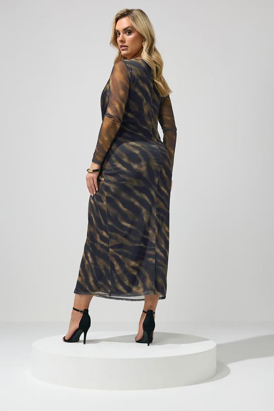 YOURS LONDON Plus Size Brown Zebra Mesh Side Knot Midi Dress | Yours Clothing 2