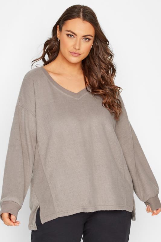 Plus Size Mocha Brown V-Neck Soft Touch Fleece Sweatshirt | Yours Clothing 1