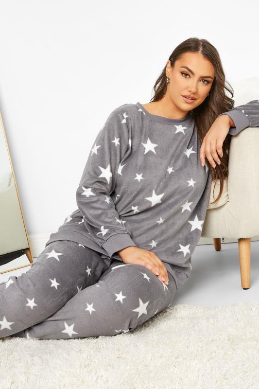 Plus Size Grey Star Print Fleece Lounge Set | Yours Clothing  4