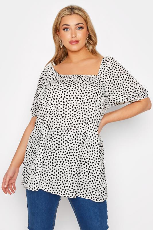  Grande Taille LIMITED COLLECTION Curve White Square Neck Heart Print Milkmaid Top