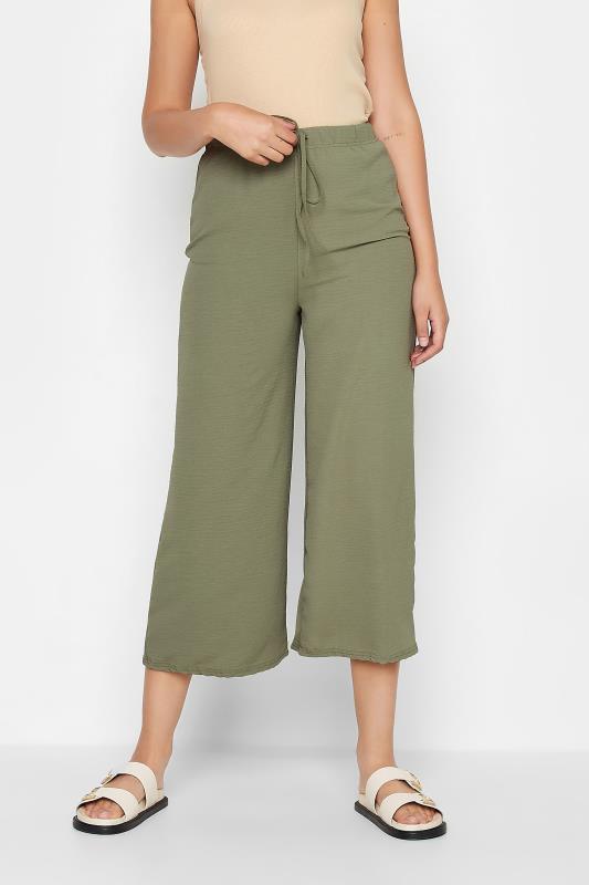 LTS Tall Khaki Green Crepe Wide Leg Cropped Trousers | Long Tall Sally 1