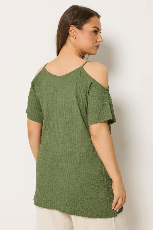 YOURS Plus Size Khaki Green Textured Cold Shoulder Top | Yours Clothing 2