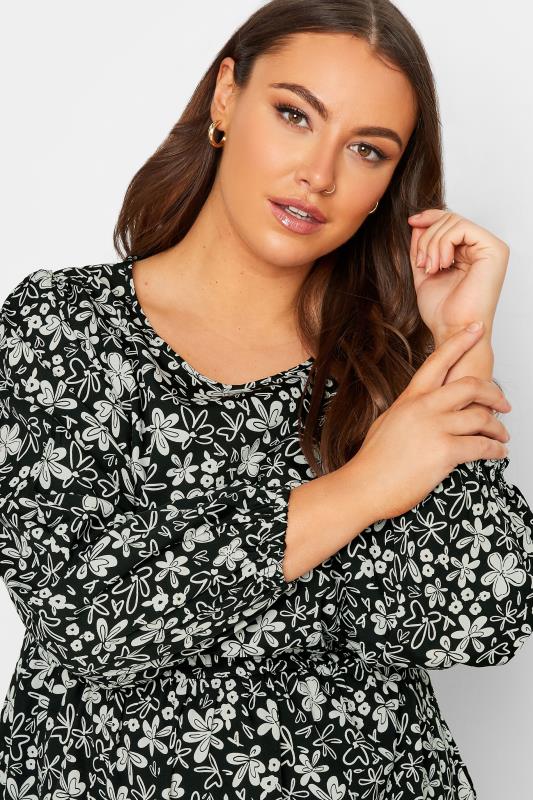 Curve Plus Size White & Black Floral Balloon Long Sleeve Shirred Waist Peplum Top | Yours Clothing  4