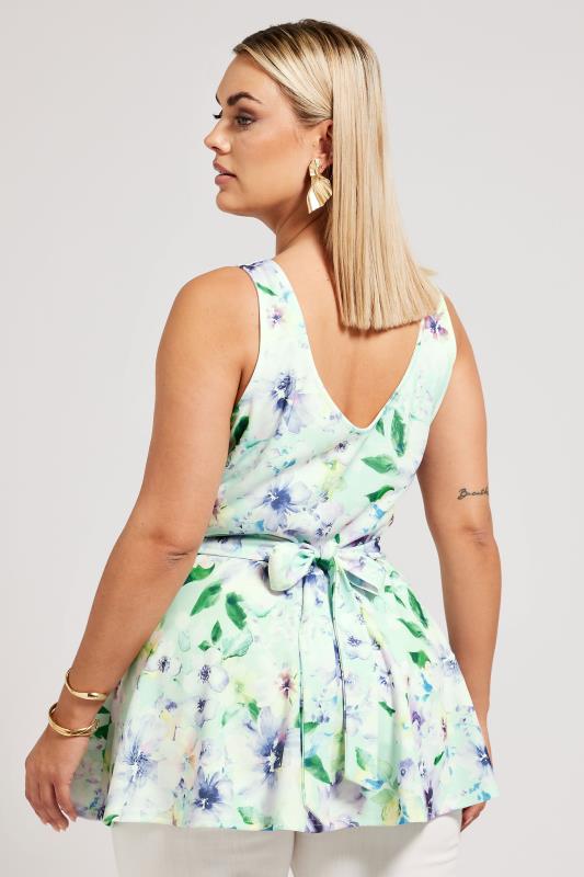 YOURS LONDON Plus Size Green Floral Print Sleeveless Peplum Top | Yours Clothing 3