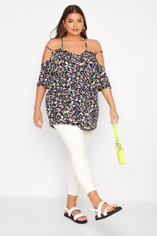 Plus Size Black Floral Strappy Cold Shoulder Top | Yours Clothing 2