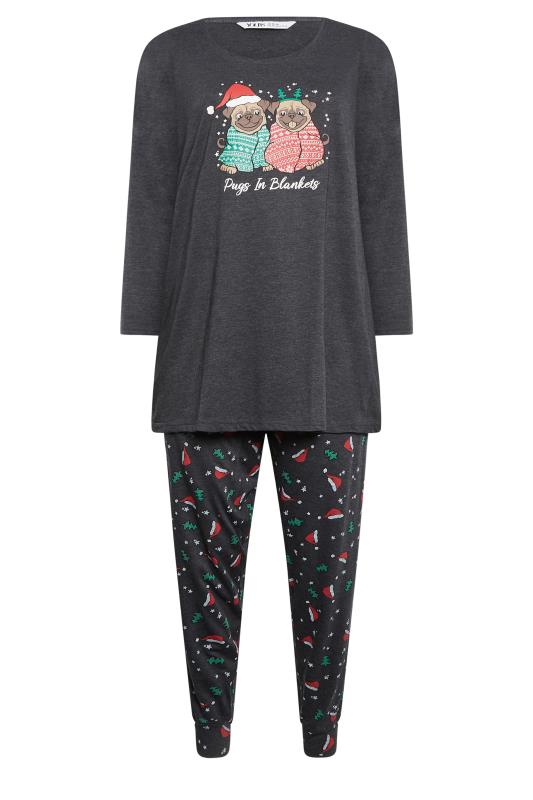 YOURS Curve Charcoal Grey ‘Pugs In Blankets’ Christmas Pyjama Set | Yours Clothing 8