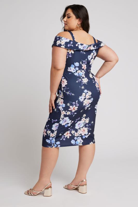 YOURS LONDON Plus Size Navy Blue Floral Print Bardot Dress | Yours Clothing 2