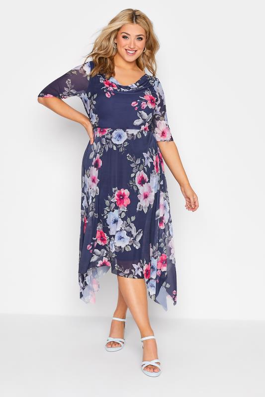 YOURS LONDON Plus Size Navy Blue Floral Cowl Dress | Yours Clothing 2
