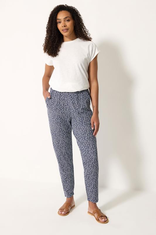 M&Co Navy Blue Ditsy Floral Cropped Hareem Trousers | M&Co 1