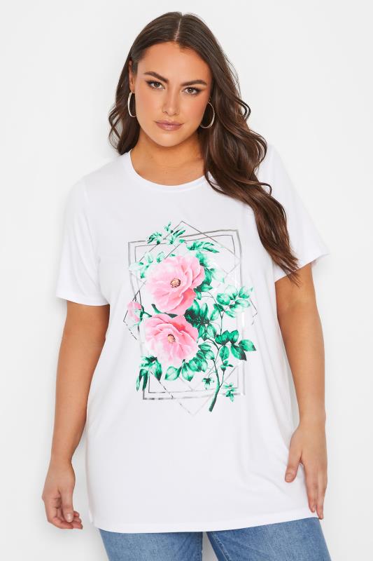 YOURS Curve White Floral Foil Print T-Shirt | Yours Clothing  1