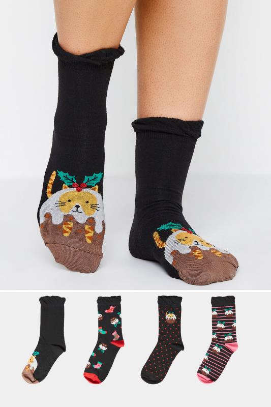 4 PACK Black Christmas Pudding Print Socks | Yours Clothing 1
