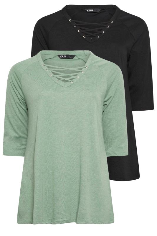 YOURS 2 PACK Plus Size Green & Black Lace Up Eyelet Tops | Yours Clothing 7