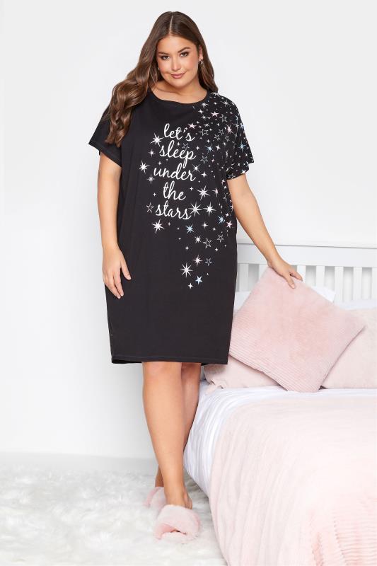 Plus Size Black 'Let's Sleep Under The Stars' Slogan Nightdress | Yours Clothing 2