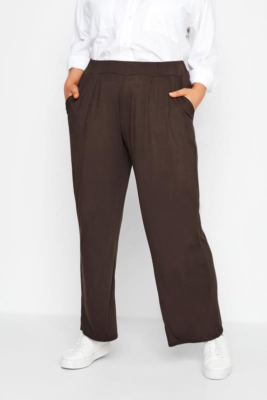 LIMITED COLLECTION Curve Chocolate Brown Pleat Wide Leg Trousers 1