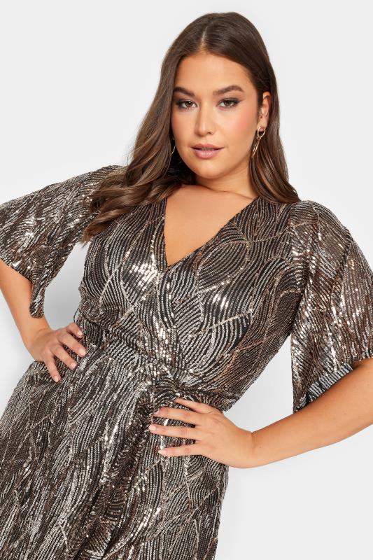 YOURS LONDON Plus Size Gold Abstract Print Sequin Double Wrap Dress | Yours Clothing 5