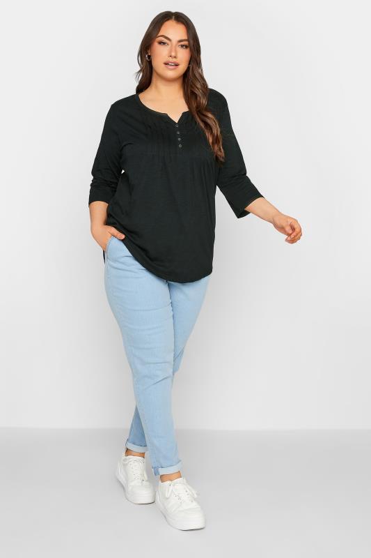 Plus Size YOURS FOR GOOD Black Pintuck Button Henley T-Shirt | Yours Clothing 2