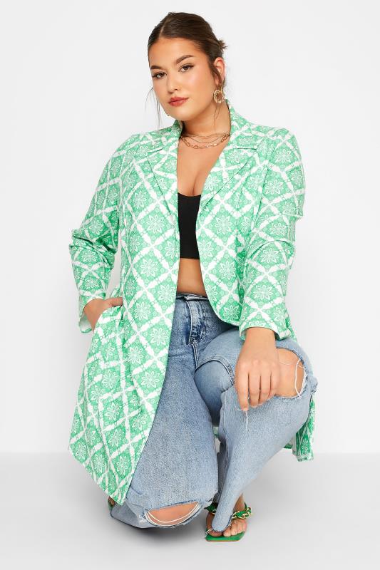 LIMITED COLLECTION Plus Size White & Green Tile Print Blazer | Yours Clothing 4