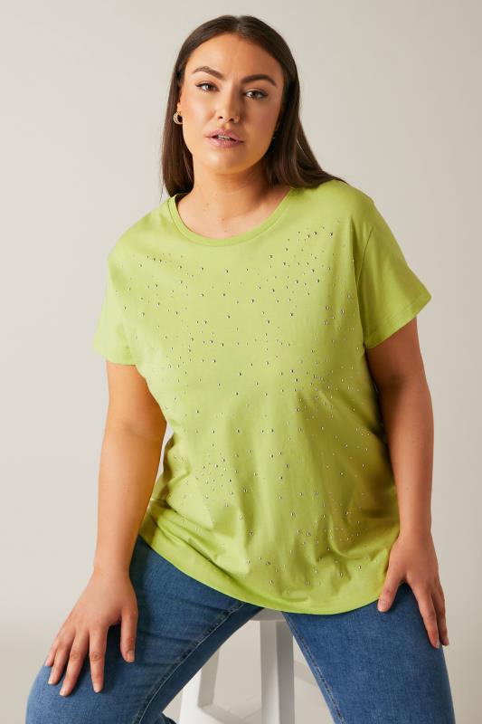 EVANS Plus Size Lime Green Stud Embellished Pure Cotton T-Shirt | Evans  1