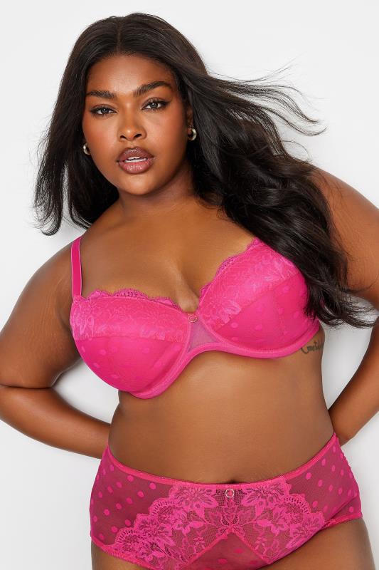  YOURS Curve Hot Pink Dot Print Lace Padded Bra