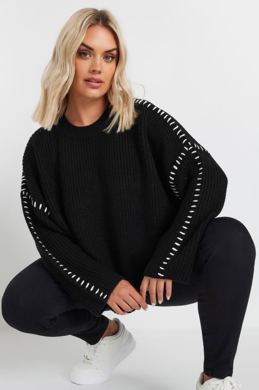 YOURS Plus Size Black Contrast Blanket Stitch Jumper | Yours Clothing 1