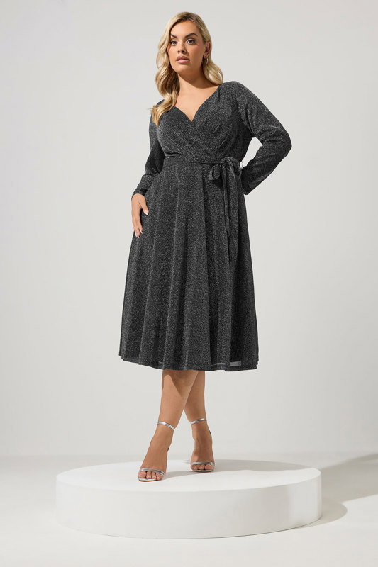 plus size silver and black dress Yours London Women's Metallic Wrap Size 8 Available in plus sizes black pleather dress Applique A-line Chiffon Gown Size:US 8