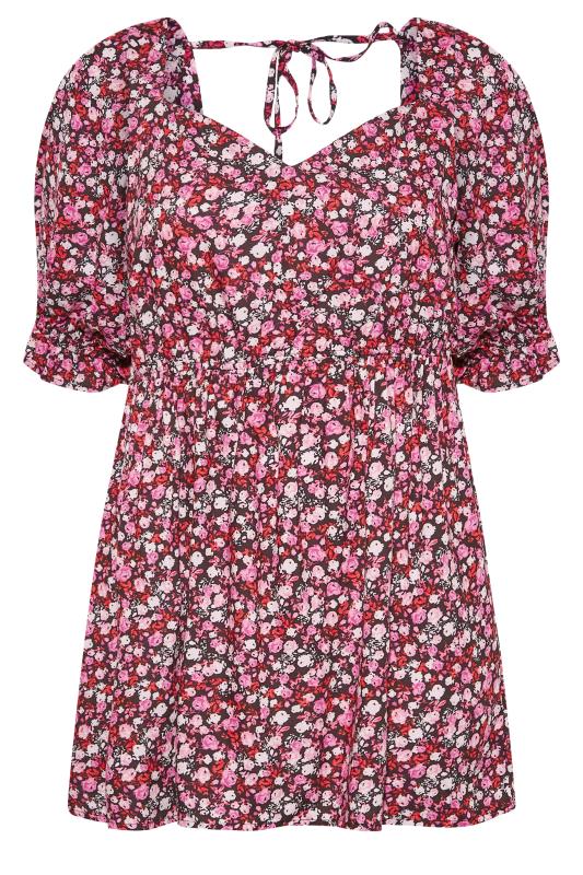 Plus Size Pink Floral Sweetheart Puff Sleeve Top | Yours Clothing 7
