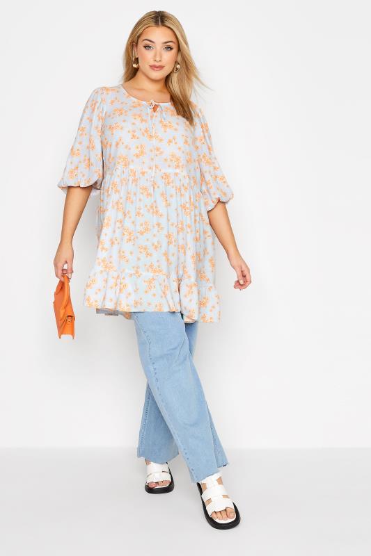 Plus Size Blue Floral Tie Neck Smock Top | Yours Clothing 2