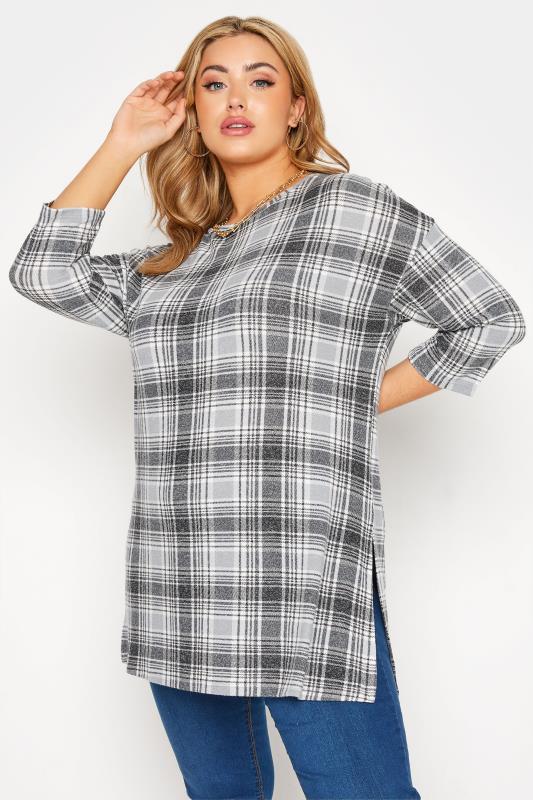 Plus Size Grey Soft Touch Check Tunic Top | Yours Clothing 1
