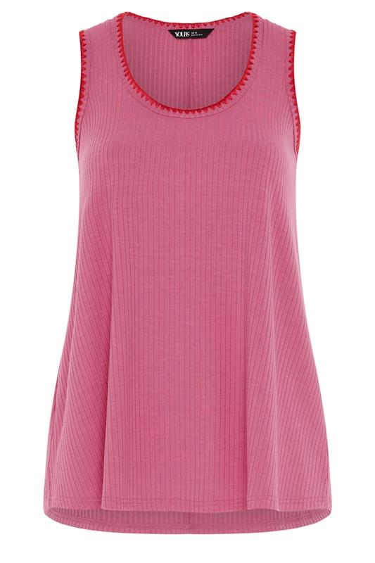 YOURS Plus Size Hot Pink Contrast Blanket Stitch Ribbed Vest Top | Yours Clothing 5