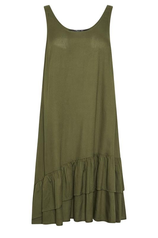PixieGirl Petite Women's Khaki Green Asymmetric Frill Midi Dress | PixieGirl 5