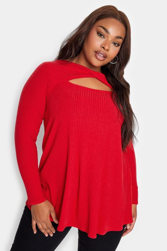 Plus Size  YOURS Curve Red Twist Front Ribbed Swing Top